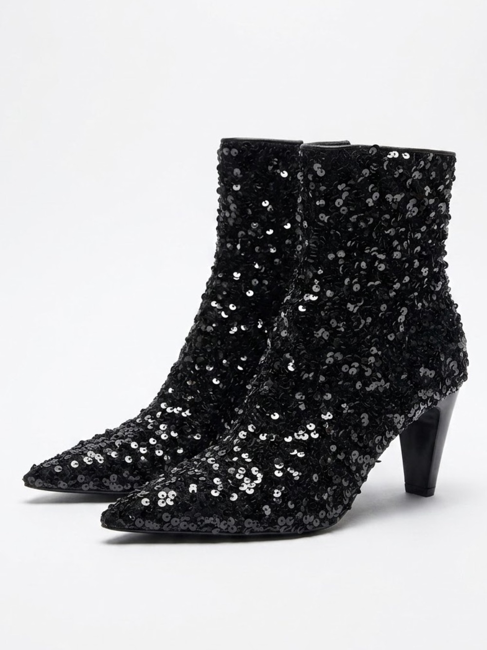 ZARA mob wife Black Sequin Pointed Toe Ankle Booties Heeled Boots EU 39 US 8-8.5